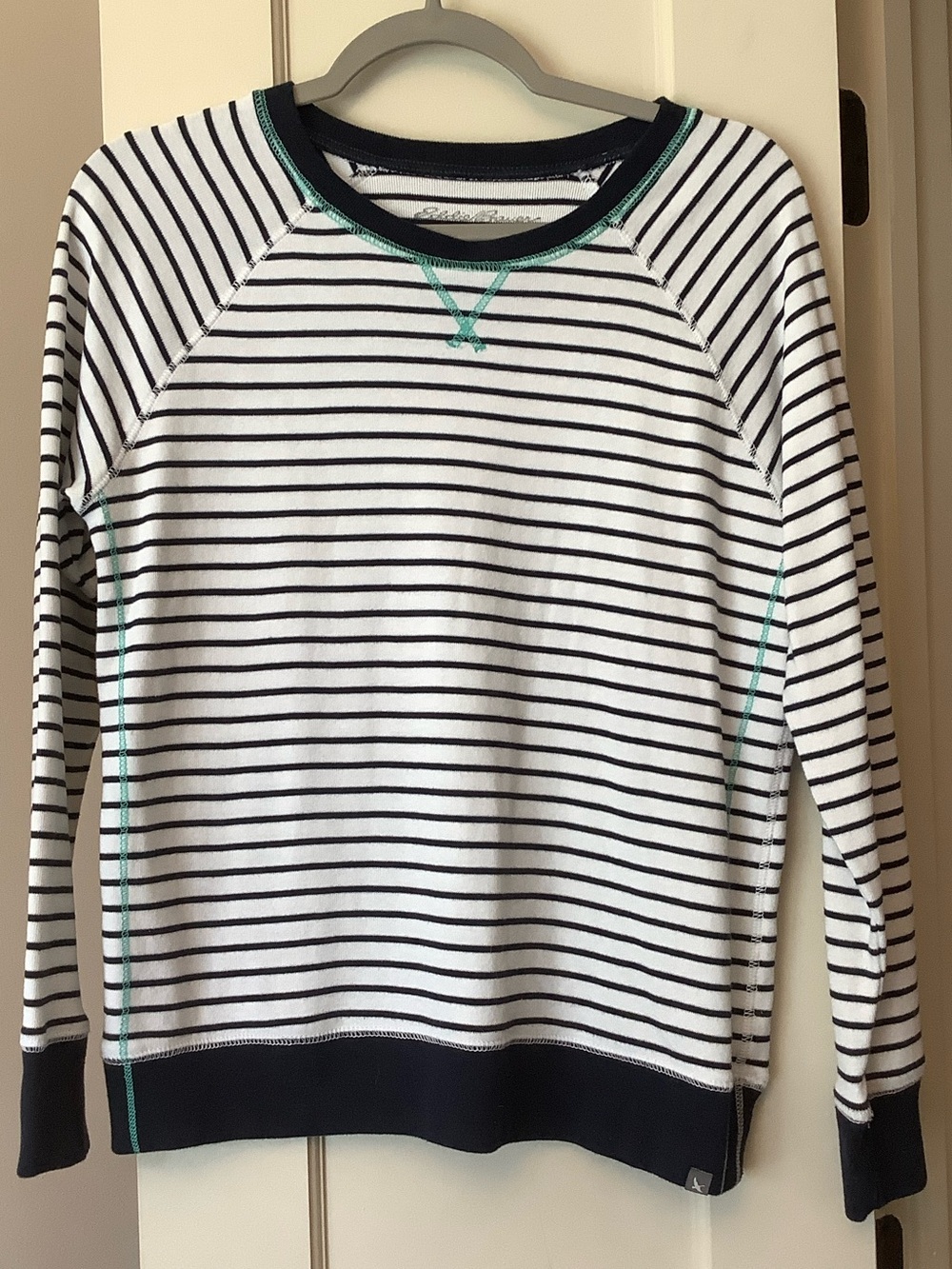 Eddie Bauer White & Navy Striped Crewneck Sweater with Teal Stitching